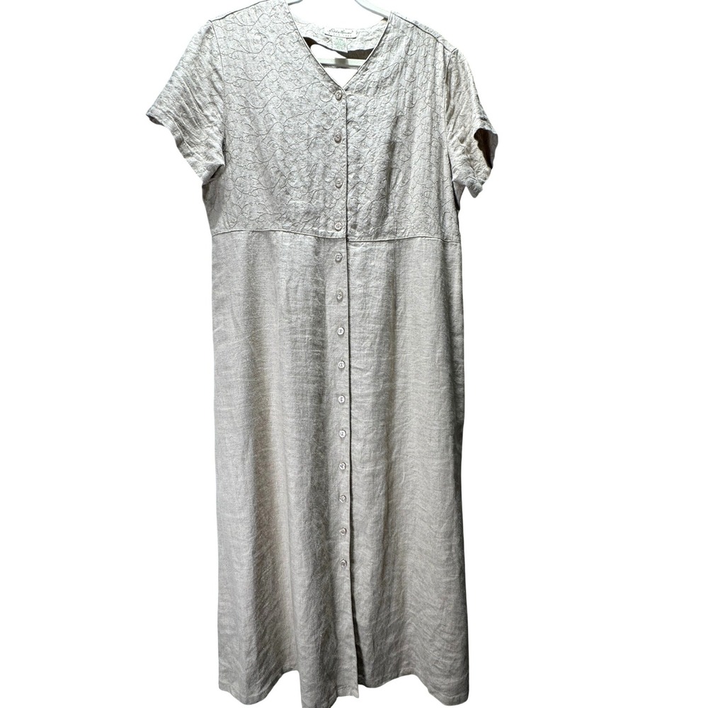 Eddie Bauer Vintage Beige 100% Linen Embroidered Button Front Maxi Dress Large